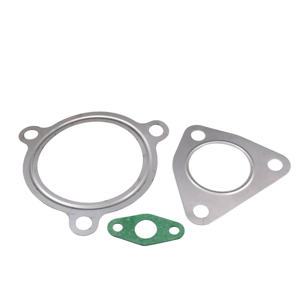 Turbocharger gasket set with oval and round gaskets, and green seal