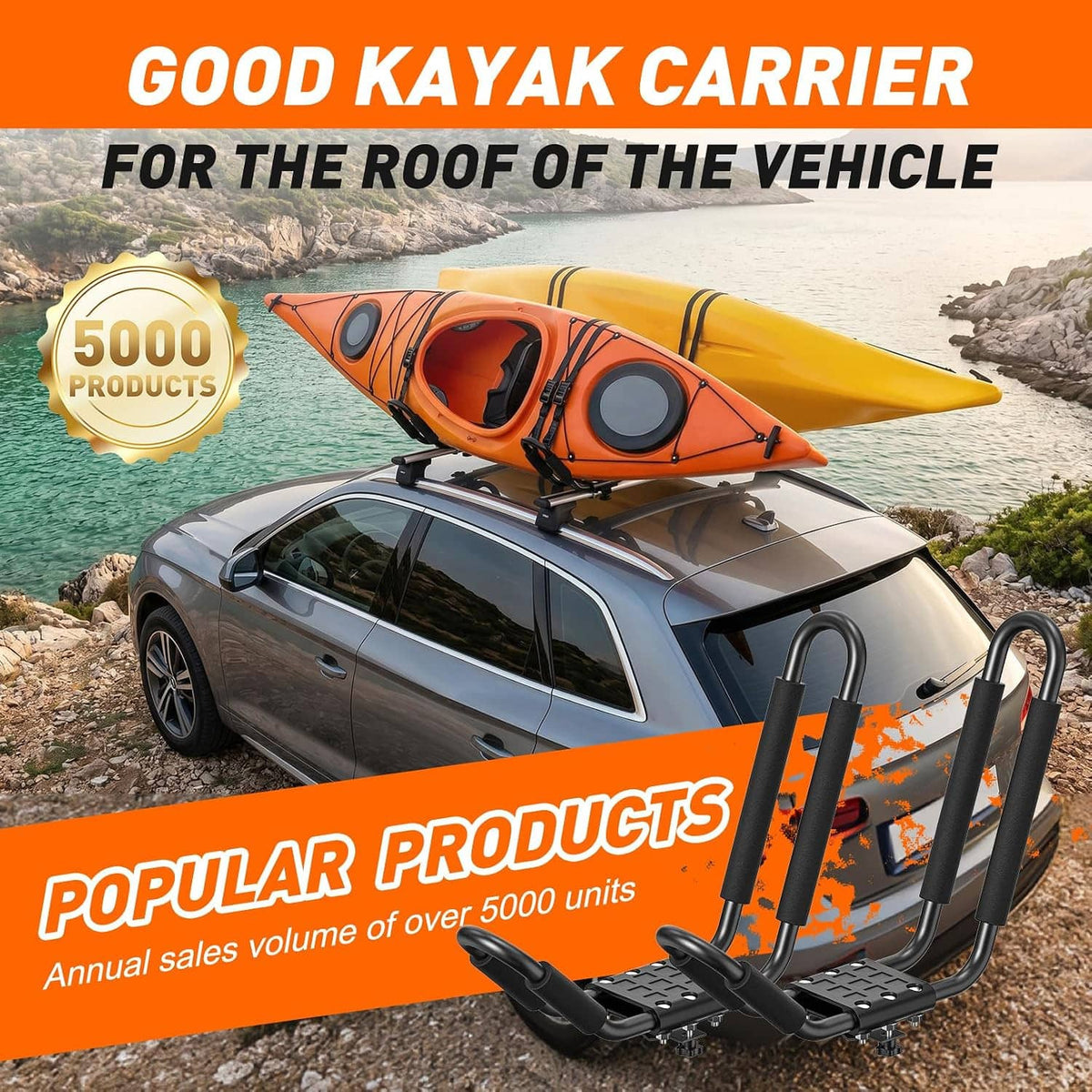 Black kayak roof rack with four foam-padded cradles mounted on a vehicle roof