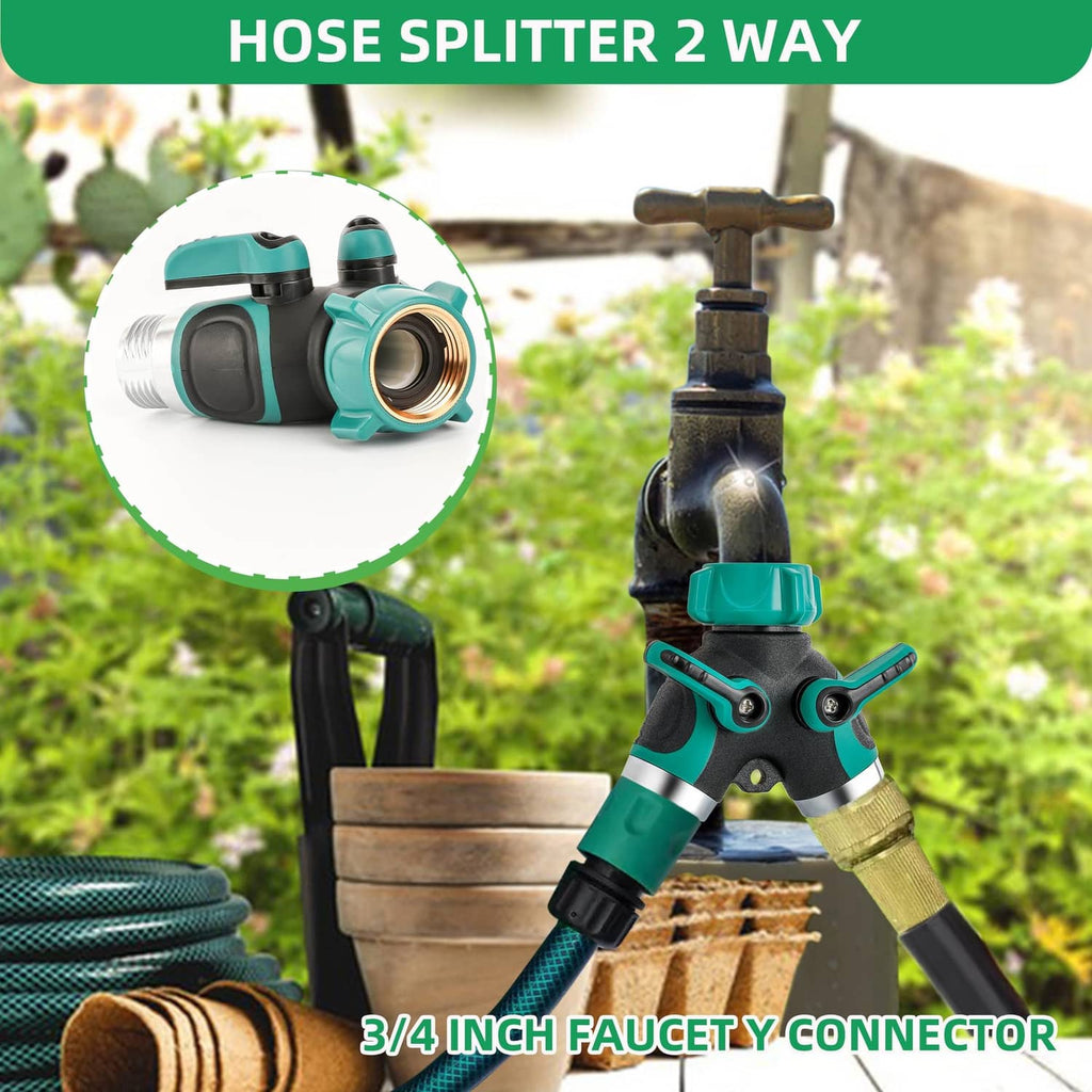 Installed 2-way garden hose splitter with green handle, black body, and dual brass/metal outlets