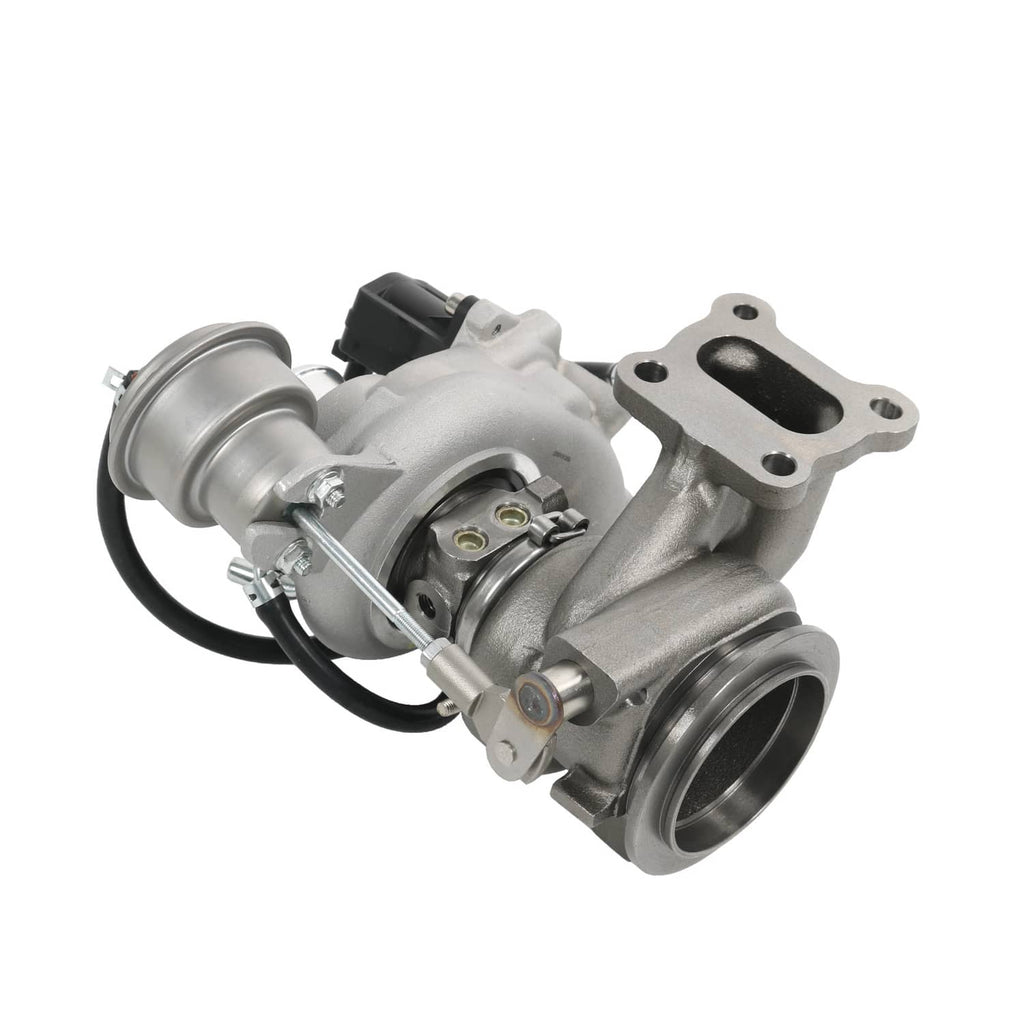 Turbocharger with silver metal housings, black connector, and sensor wires