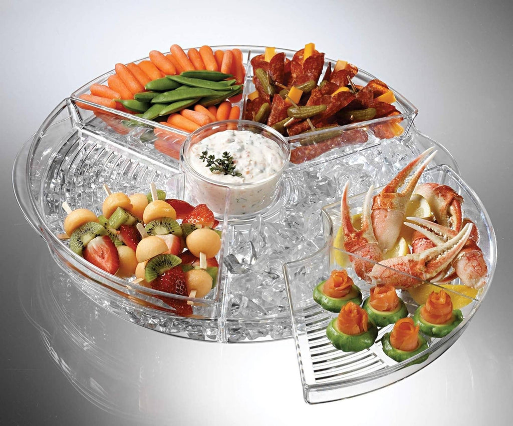 Clear 16-inch round appetizer ice tray with two lids and multiple food compartments