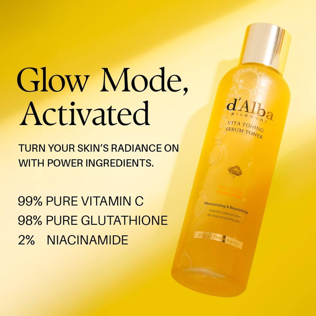 d'Alba Vita Toning serum toner bottle with yellow liquid and gold cap