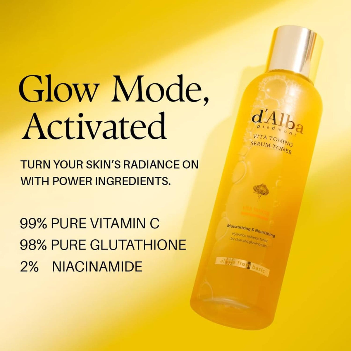 d'Alba Vita Toning serum toner bottle with yellow liquid and gold cap