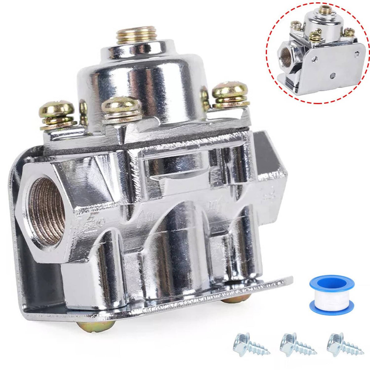 Chrome fuel pressure regulator, angled view with threaded inlet and outlet ports