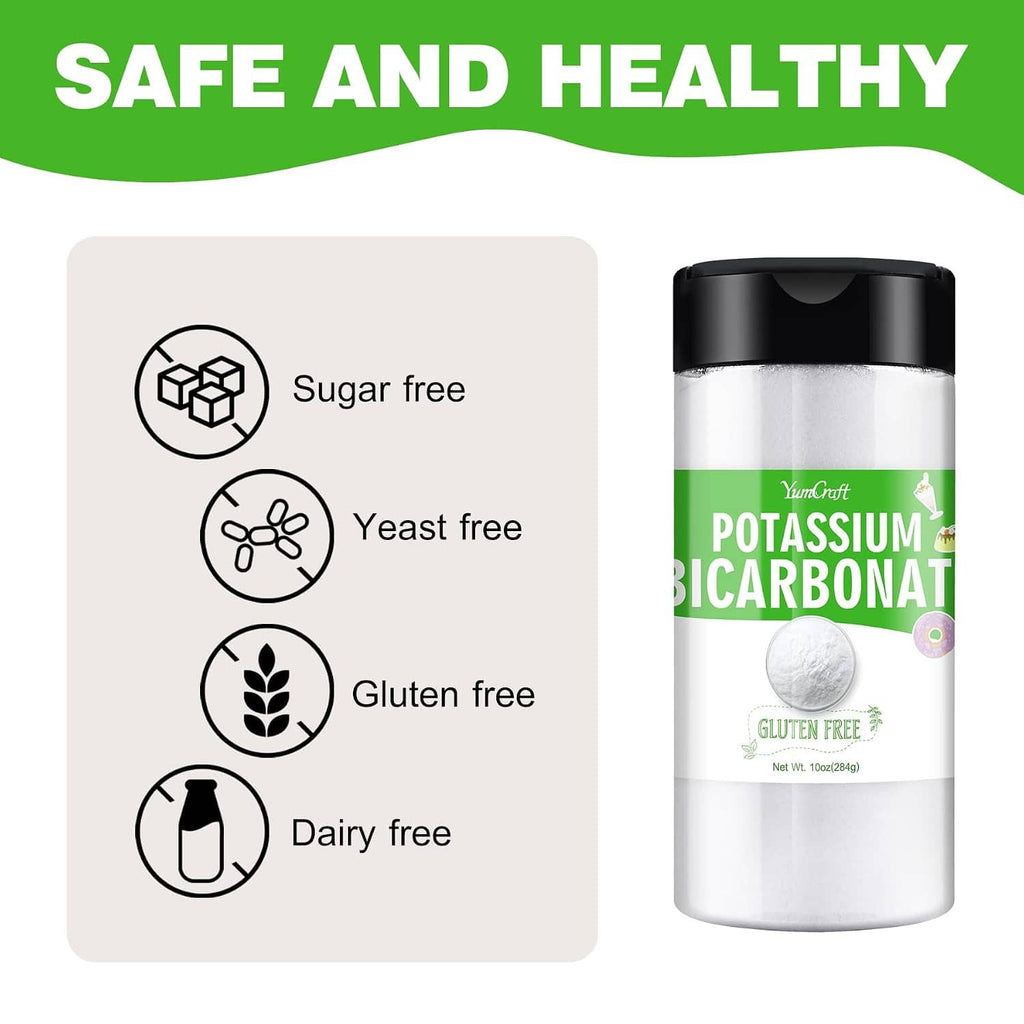 Potassium bicarbonate jar with sugar-free, yeast-free, gluten-free, dairy-free icons