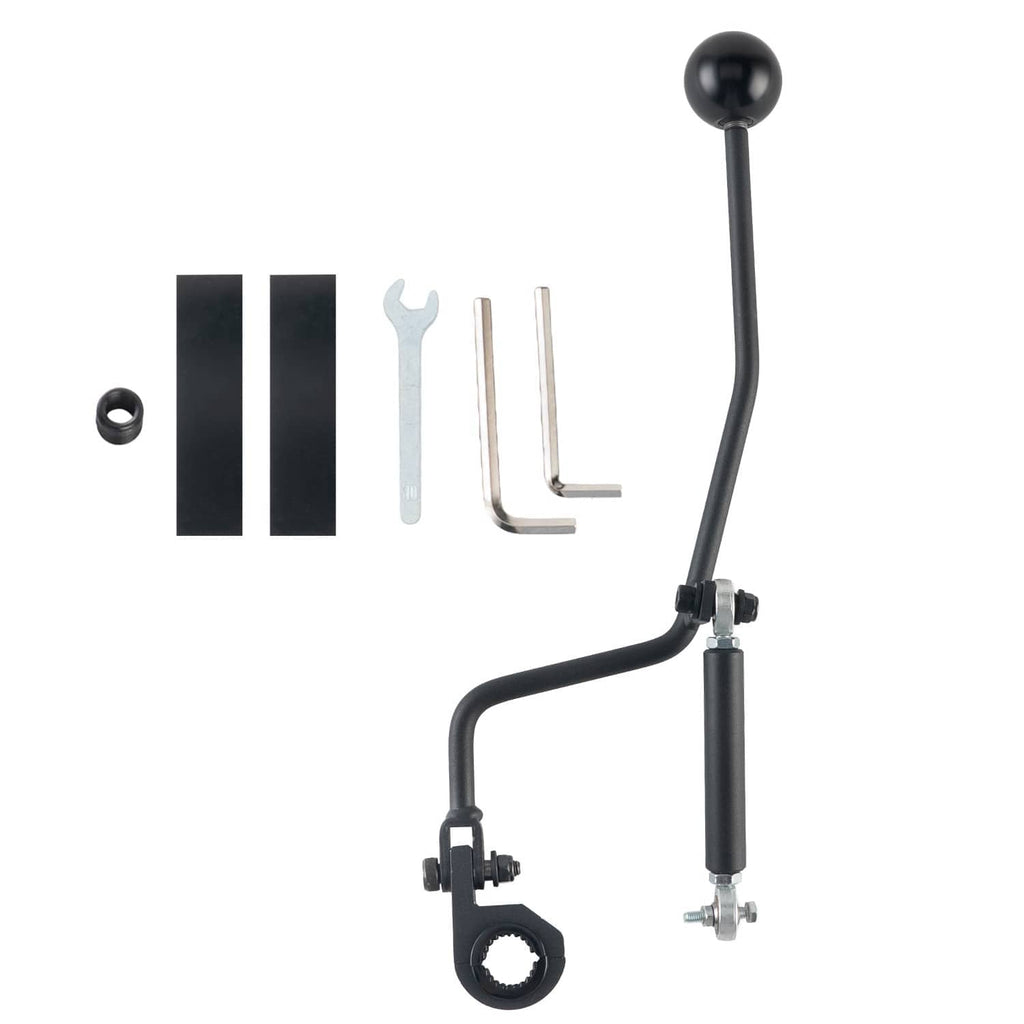 Black shifter lever assembly kit shown with hardware and mounting bracket components