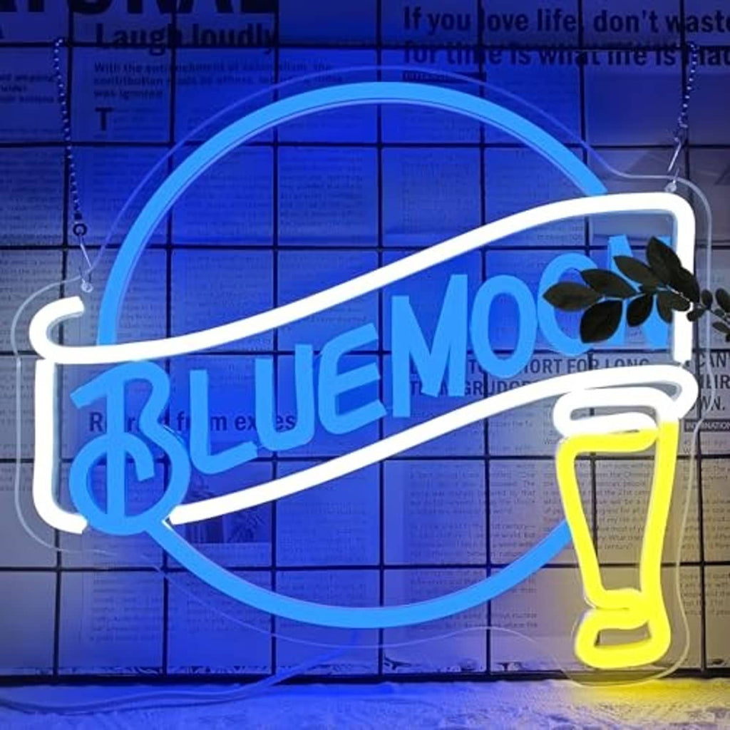 Neon beer wall sign showing BLUEMO text, blue moon ring, yellow mug with white border