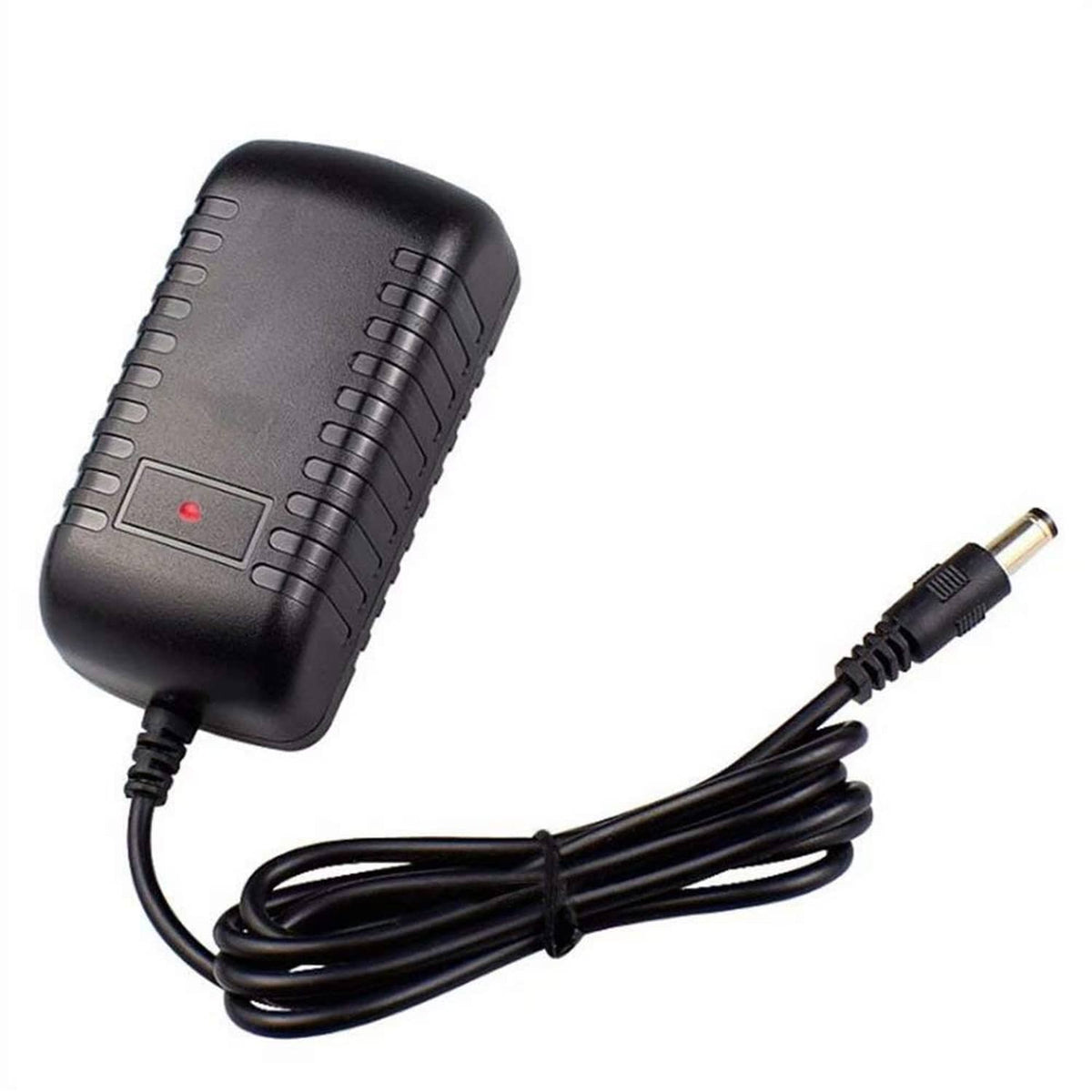 Black 18V drill charger AC adapter with red power indicator and DC barrel connector