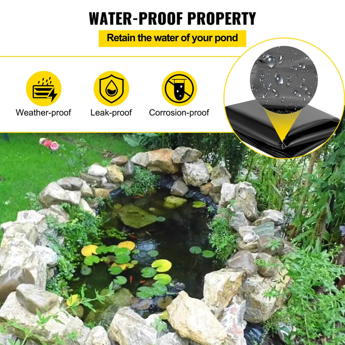 Black pond liner with water-retaining design for leak-proof, weather-proof use
