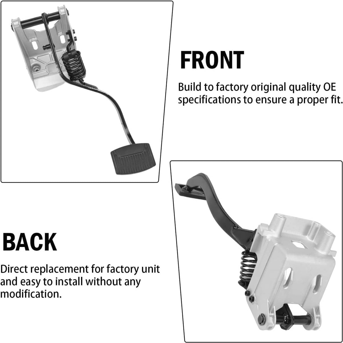 Clutch pedal assembly viewed from front and back with black foot pedal and spring