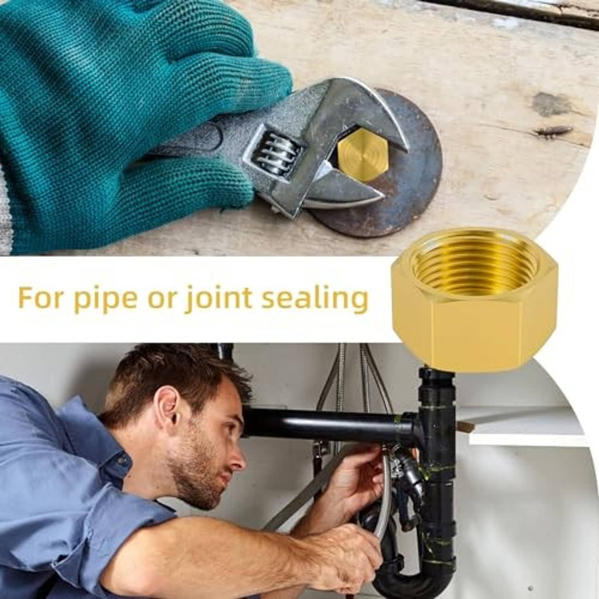 Brass hex pipe cap for pipe or joint sealing shown in an installation scene