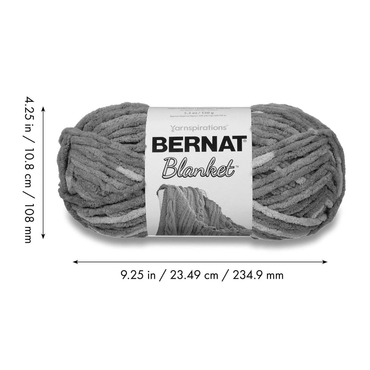 Gray Bernat Blanket yarn skein with label and package dimensions shown