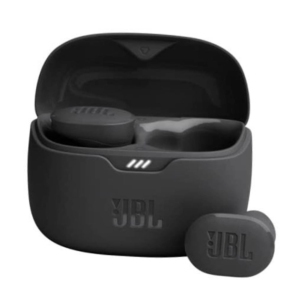 Black JBL true wireless earbuds with open charging case, earbuds visible in case.