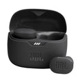 Black JBL true wireless earbuds with open charging case, earbuds visible in case.