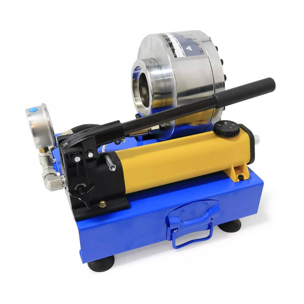 Hydraulic hose crimper in side view with silver die sleeve, yellow cylinder, and gauge