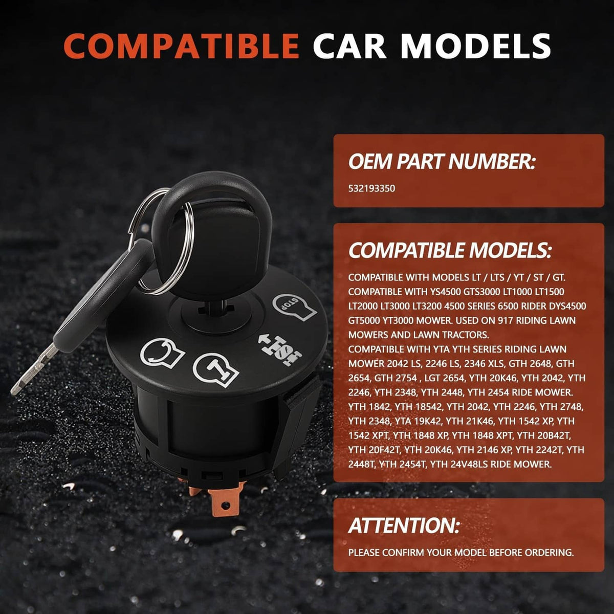 Black ignition starter switch with keys attached and visible top 4-position markings