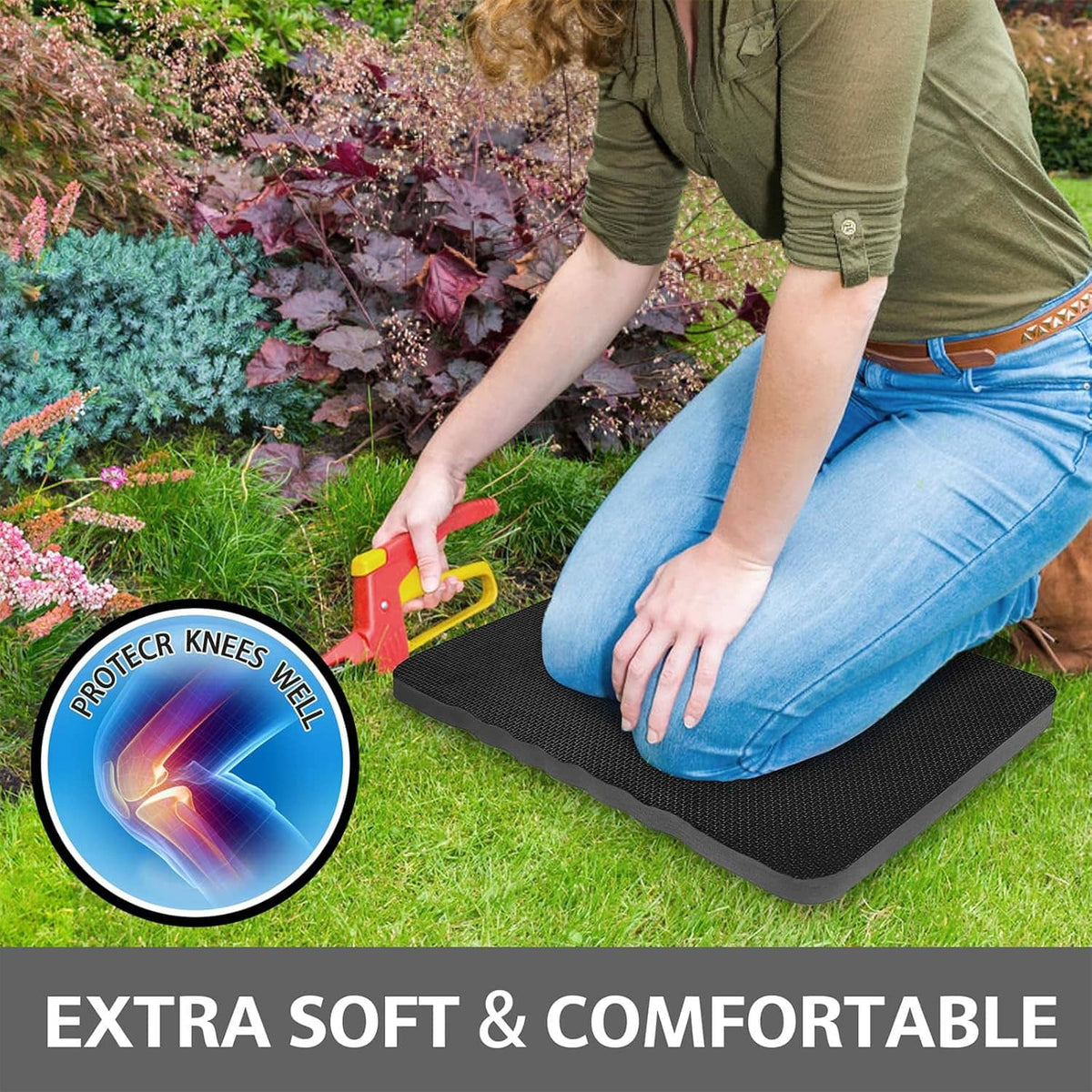 Black kneeling pad supporting someone while gardening, cushioned foam surface