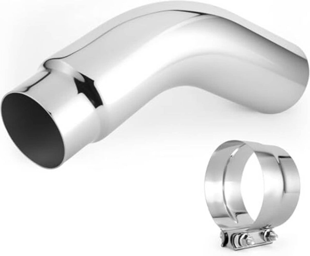 Angled silver exhaust elbow tip with clamp kit and dark outlet opening