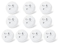 White round water leak detector alarm, showing underside speaker and sensor vent