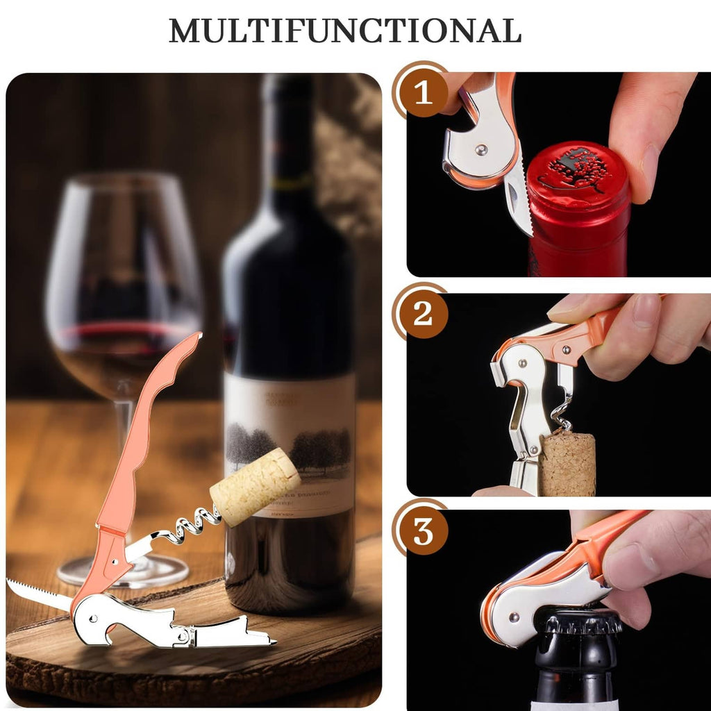 Waiter wine corkscrew with orange handle and metal spiral, held in hand