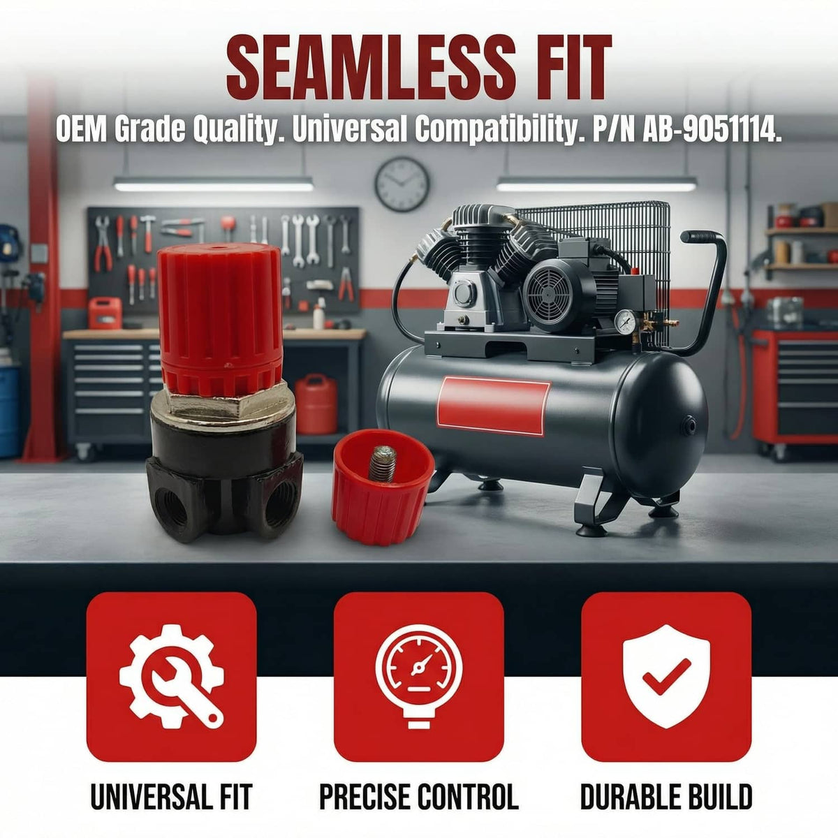 Air compressor pressure regulator with red cap and dial pressure gauge on unit