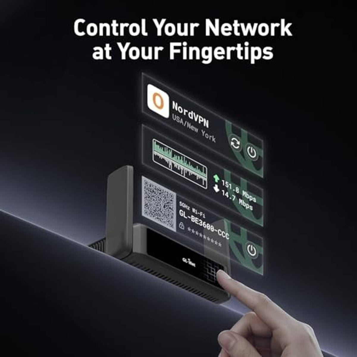 Black router with front display showing VPN and network indicators