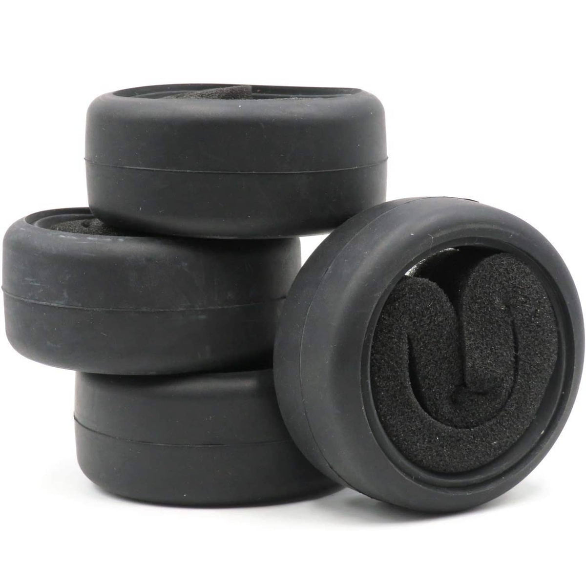 Black RC on-road slick tires with foam inserts, side-by-side view, 4-pack