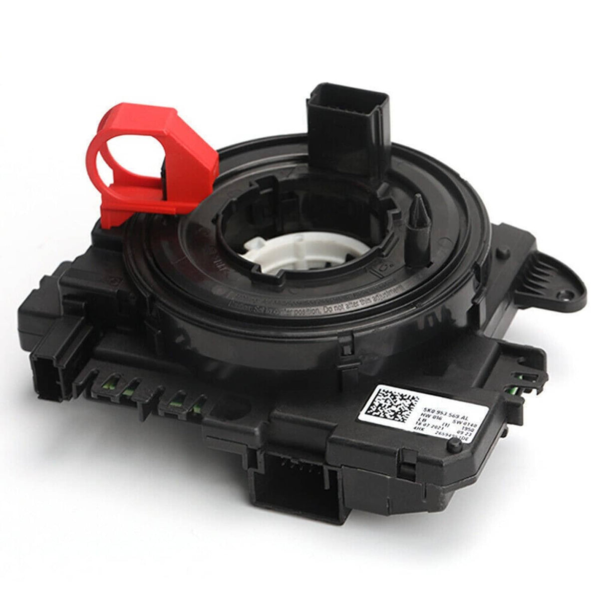 Car clock spring with black circular housing and red safety tab, electrical connector ports