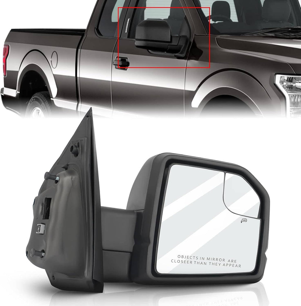 Power side door mirror with black housing and clear mirror glass