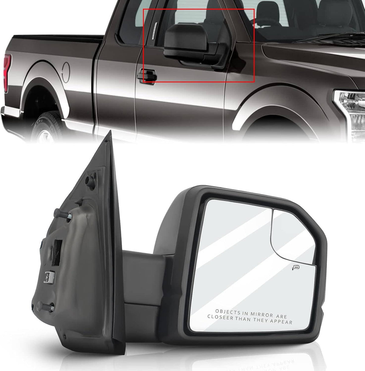 Power side door mirror with black housing and clear mirror glass
