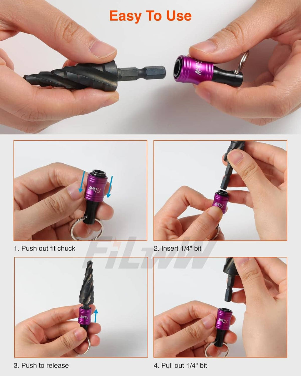 Hands inserting and releasing a 1/4 hex driver bit from a purple keychain holder