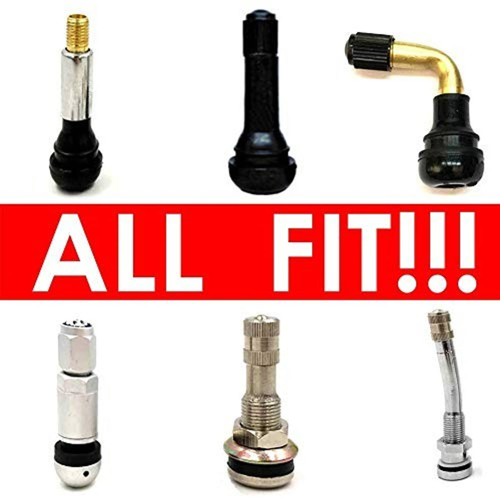 Crystal rhinestone valve caps shown with different tire valve stems