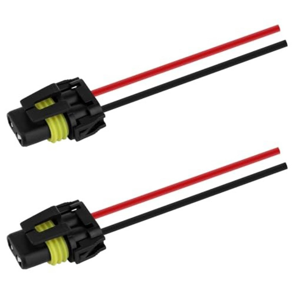Two headlight wiring harness pigtail sockets with red and black leads and black plastic housings