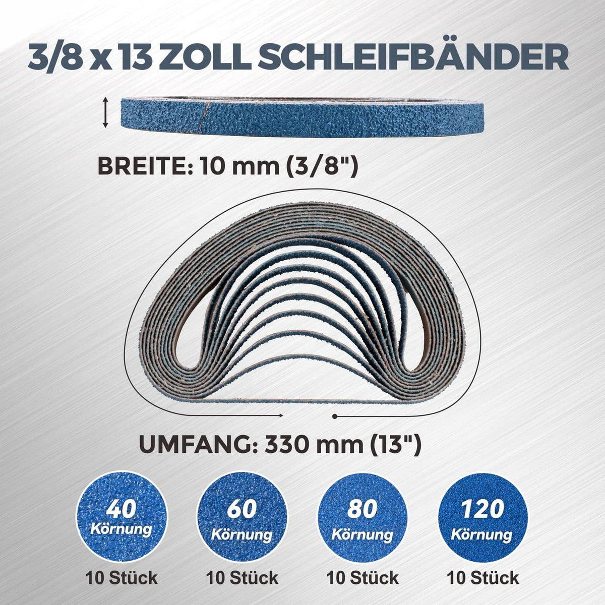 Blue sanding belt roll stack, 3/8 in wide abrasive strips with backing