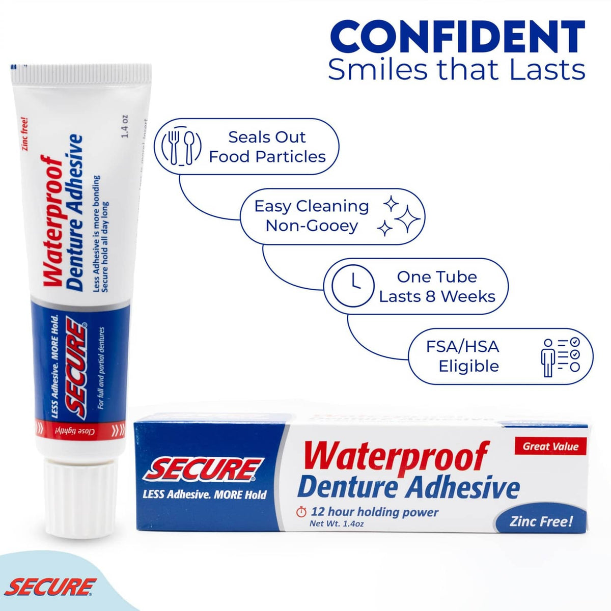 Waterproof zinc-free denture adhesive tube and box with easy-cleaning notes