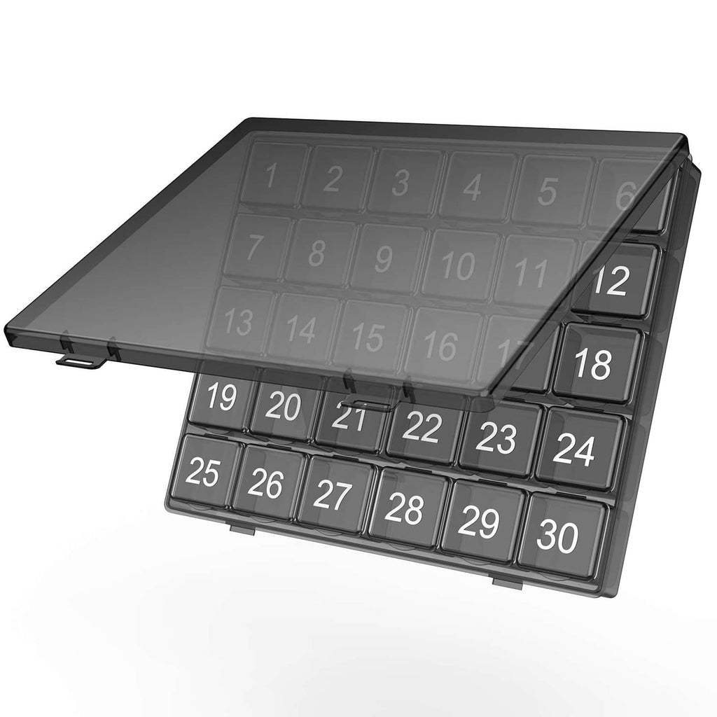 Monthly pill organizer case with hinged lid and numbered 1–30 compartments