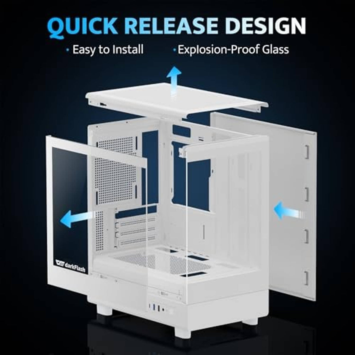White micro-ATX PC case with tempered-glass side panel and quick-release frame