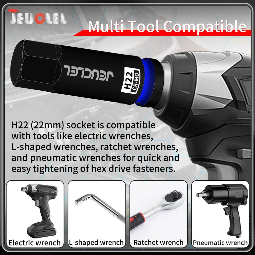 Black 22mm hex impact socket with blue ring, labeled H22 CR-MO on tool