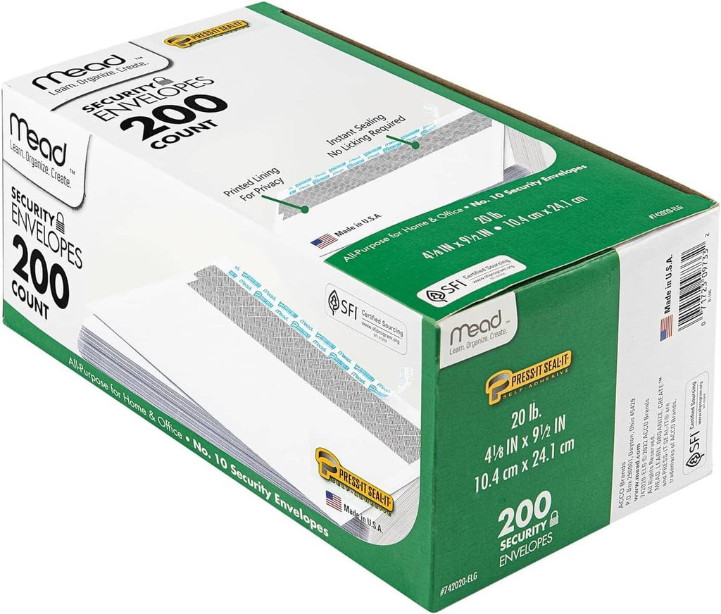 Security envelopes box, green and white packaging, 200 count, size 10