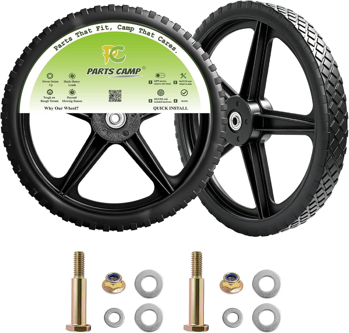 Black spoked wheel and tire set with mounting bolts, nuts, and washers for garden cart
