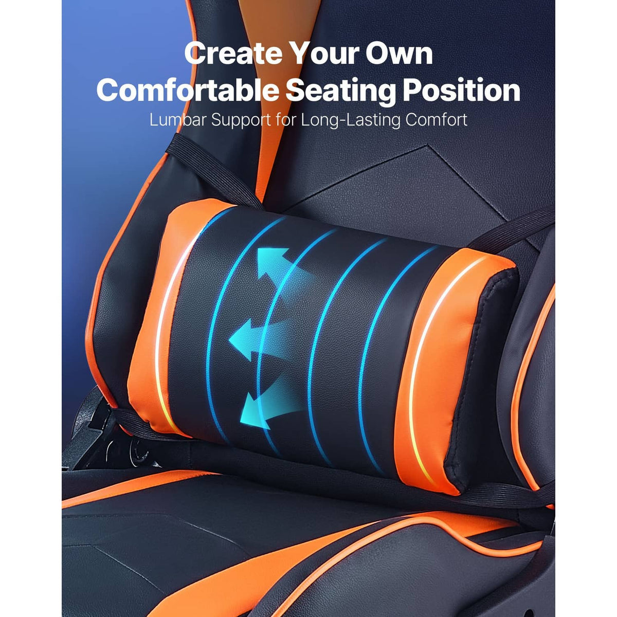 Black and orange racing seat with cushioned lumbar support for comfort
