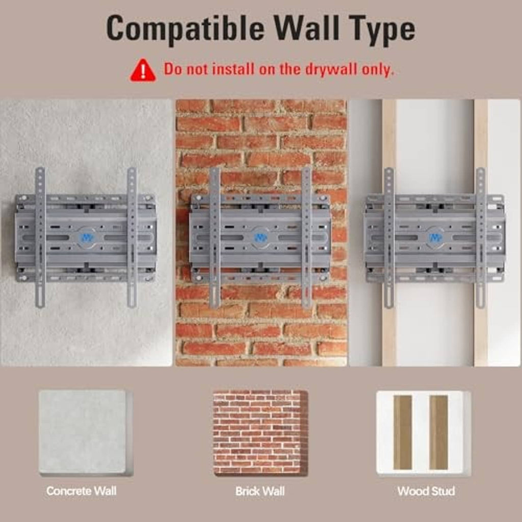 TV wall mount kit with stud-compatible bracket for concrete, brick, and wood walls