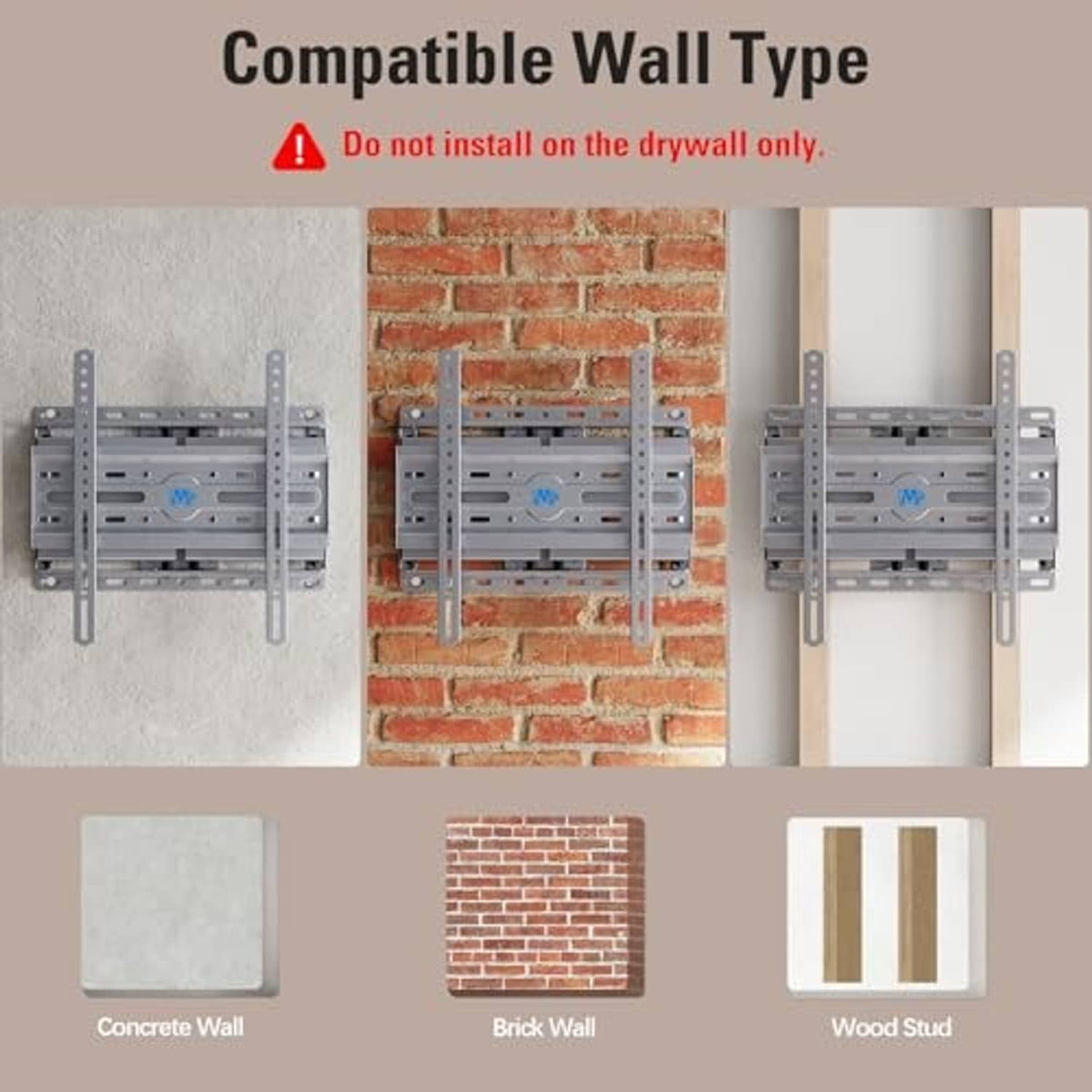 TV wall mount kit with stud-compatible bracket for concrete, brick, and wood walls