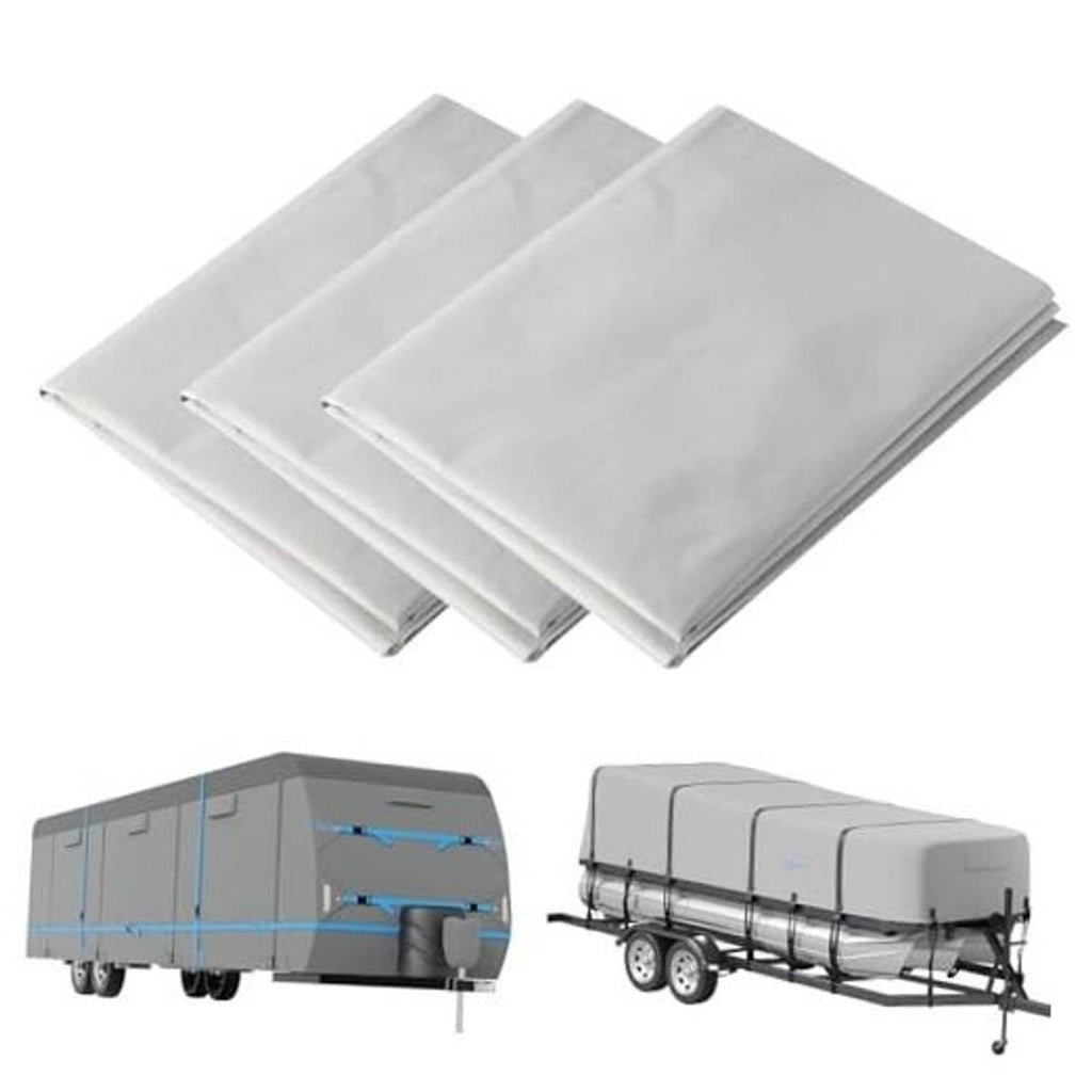 Three gray self-adhesive canvas repair patches, stacked and ready to apply