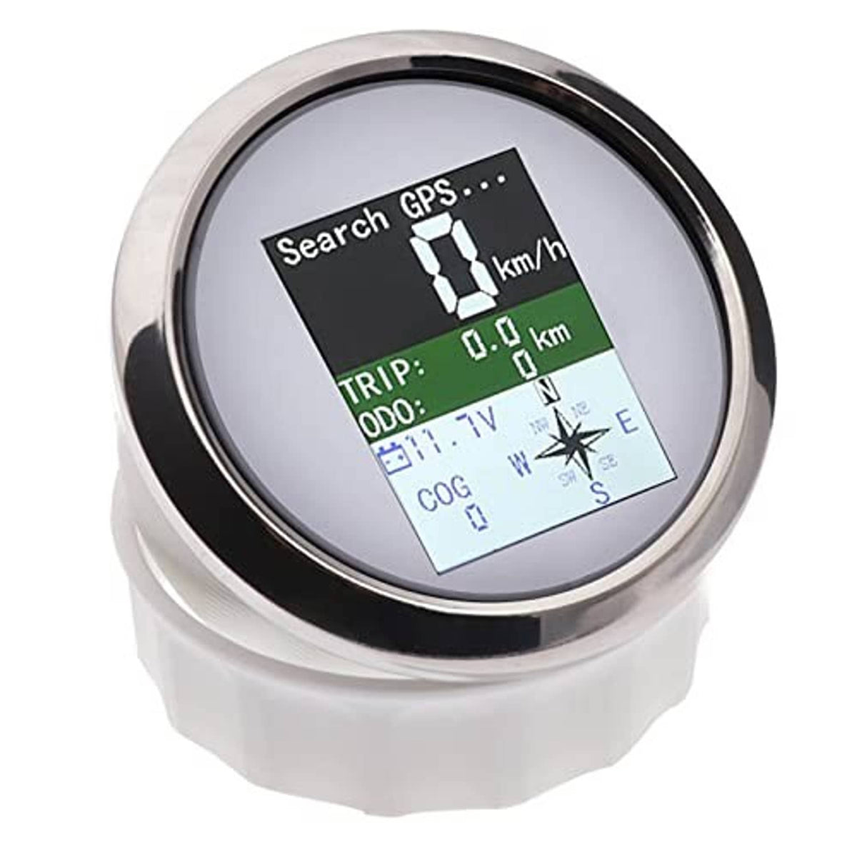 GPS speedometer gauge in white housing; LCD reads "Search GPS" with 0.0 km/h