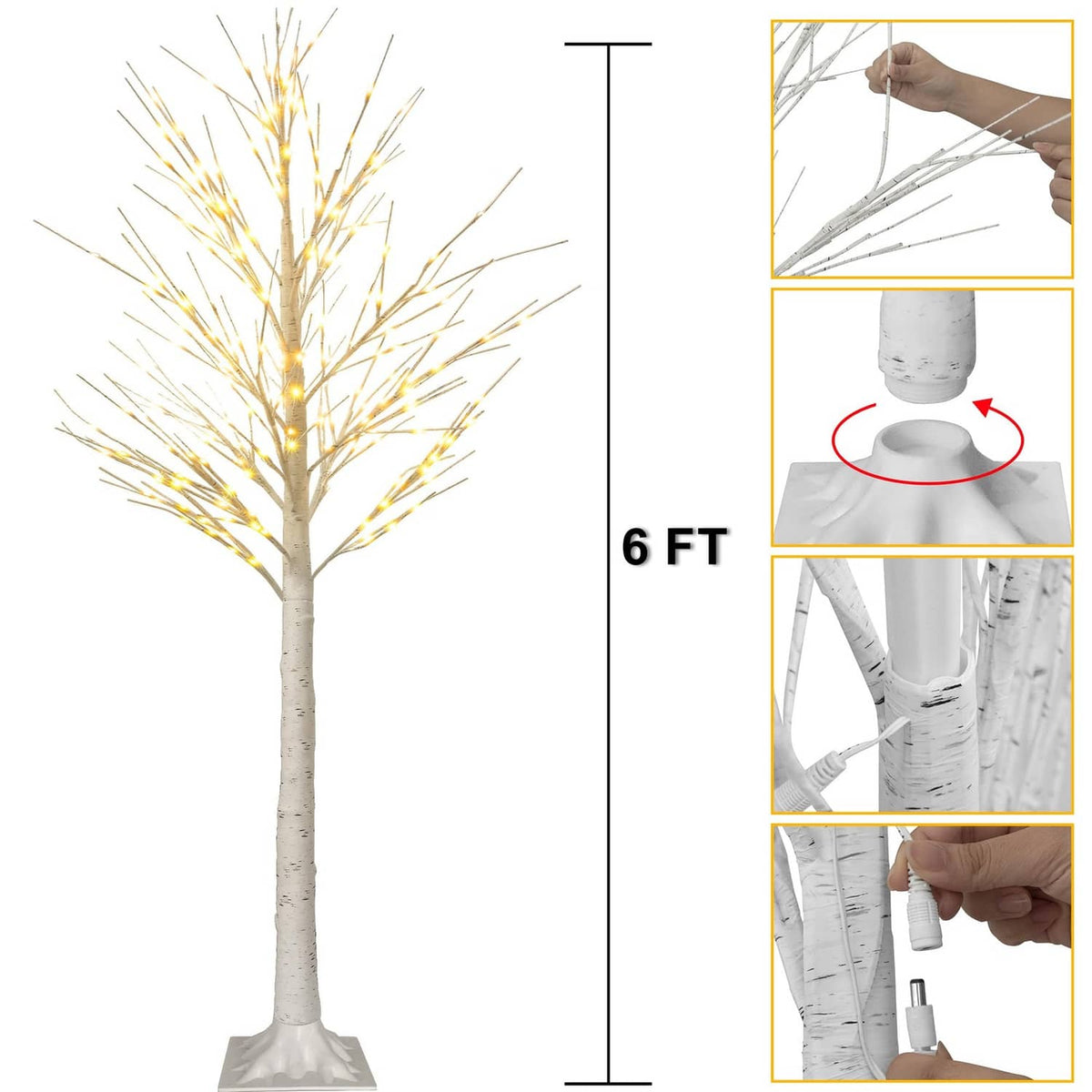 6 ft LED lighted birch tree decoration with warm white lights; size and setup shown