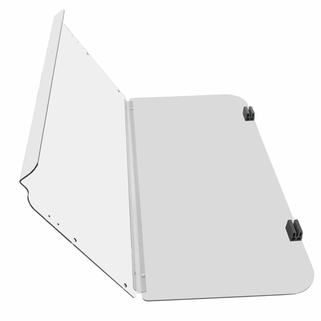 Folded clear golf cart windshield with aluminum side frame and pins
