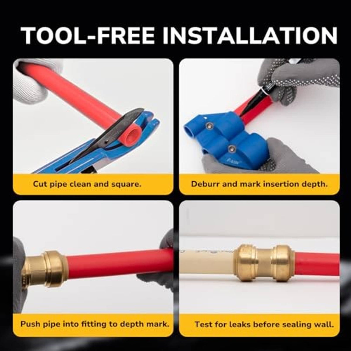 Brass 90-degree push-to-connect elbow fitting with red PEX pipe inserted