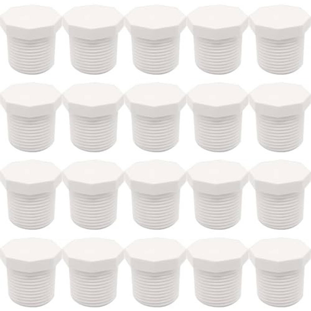 Multiple white PVC male end cap plugs with hex tops and concentric thread ridges