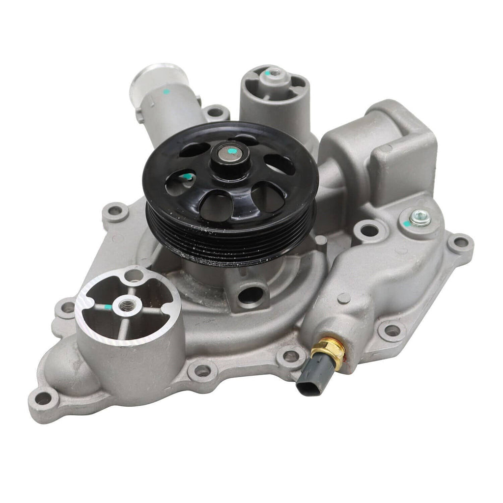 Water pump assembly with black pulley, silver housing, sensor connector and gold sensor fitting